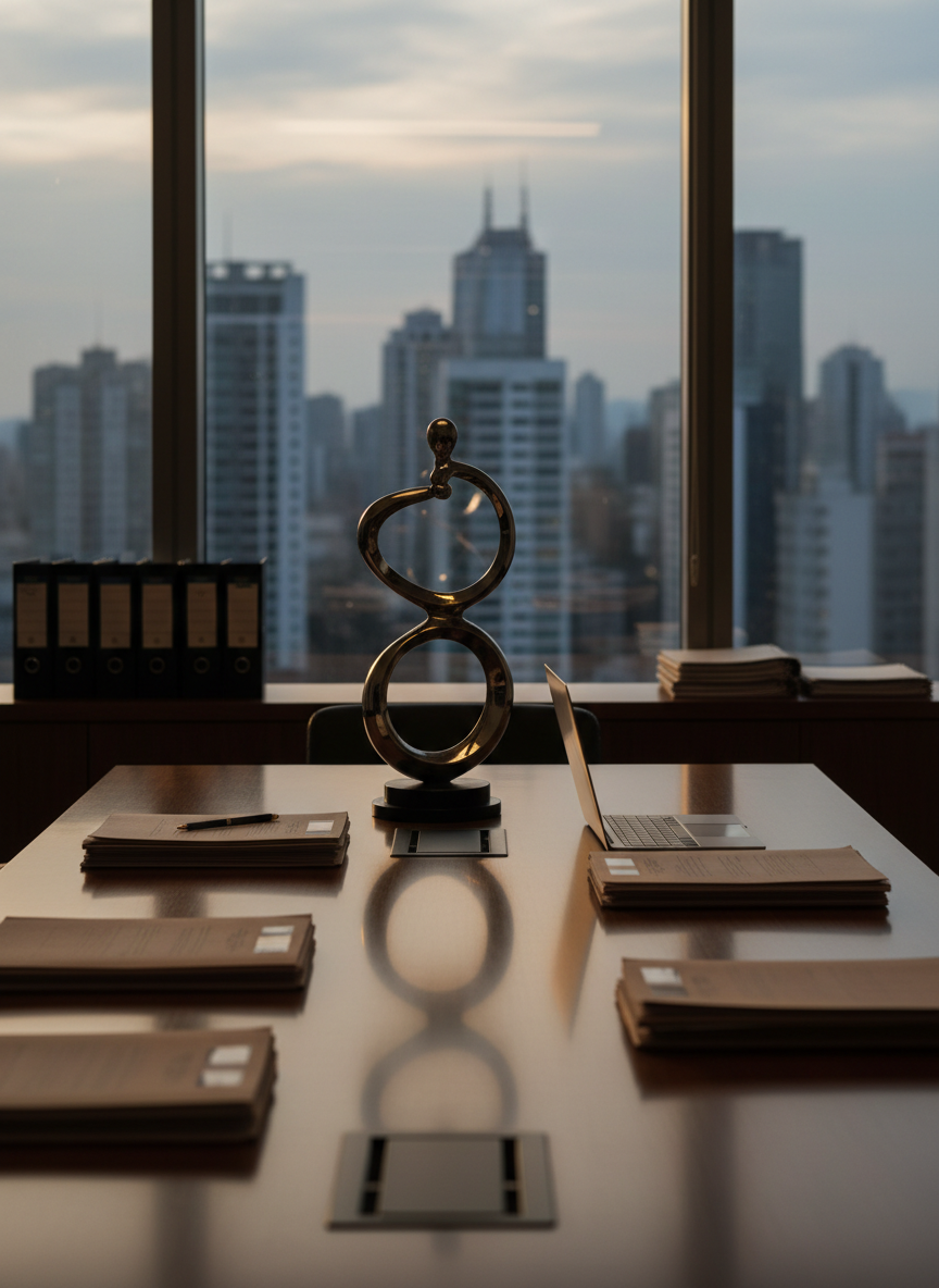 Um escritório de advocacia contemporâneo e organizado, sem pessoas, com uma grande mesa de madeira escura perfeitamente alinhada com pilhas discretas de processos, um notebook aberto e uma estátua abstrata em metal remetendo à justiça. Ao fundo, uma janela panorâmica revela um horizonte sutil de São Paulo em desfoque, com prédios modernos. A luz é de fim de tarde, suave e dourada, entrando lateralmente e criando reflexos elegantes nas superfícies. A composição em nível dos olhos usa a regra dos terços, com foco nítido na mesa e fundo levemente desfocado. Estilo fotográfico realista, atmosfera profissional, séria e acolhedora, ideal para página inicial de um site jurídico corporativo.