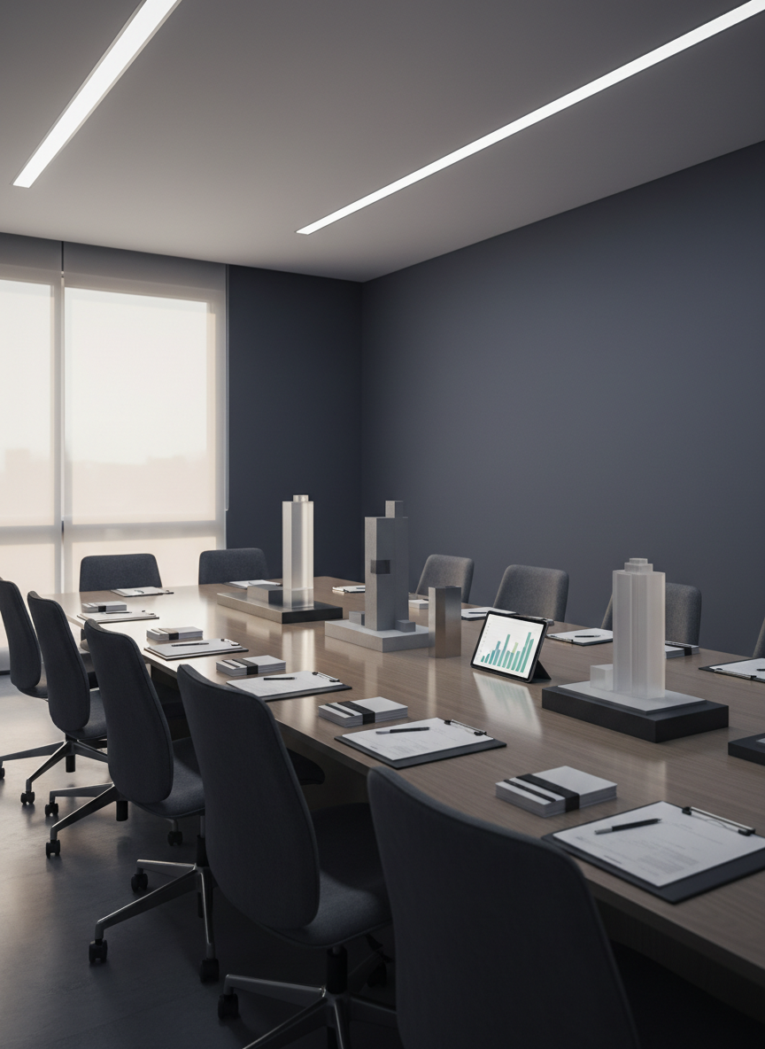 Uma sala de reunião elegante em tons de cinza e azul escuro, com uma longa mesa retangular e cadeiras vazias, vista de um ângulo ligeiramente diagonal. Sobre a mesa, maquetes abstratas de prédios comerciais e residenciais representam a região da Baixada Santista e São Paulo, ao lado de blocos organizados de documentos e um tablet exibindo gráficos em cores suaves, sem texto. A luz branca neutra do teto se combina com um feixe de luz natural vindo de janelas laterais, criando contraste suave. Composição ampla, foco nítido em toda a sala, estilo fotográfico realista e corporativo, atmosfera de preparação estratégica e tomada de decisão para pequenas e médias empresas.